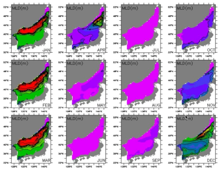 Climatological mean field of the past 30 years(1981～2010) in the East Sea - monthly mean mixed layer depth(m)