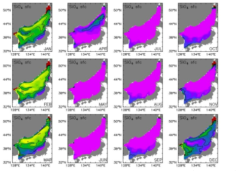 Climatological mean field of the past 30 years(1981～2010) in the East Sea - monthly mean surfac silicate(mmol Si/m3)