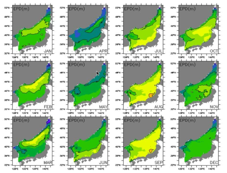 Climatological mean field of the past 30 years(1981～2010) in the East Sea - monthly mean euphotic depth(m)