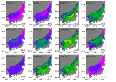 Climatological mean field of the past 30 years(1981～2010) in the East Sea - monthly mean depth of chlorophyll_a maximum(m)
