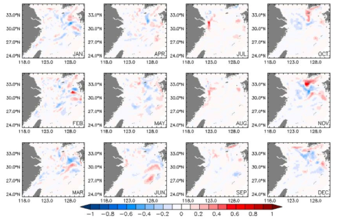 Change in the monthly mean surface temperature of 2050s compared to that of 2000s in the East China Sea