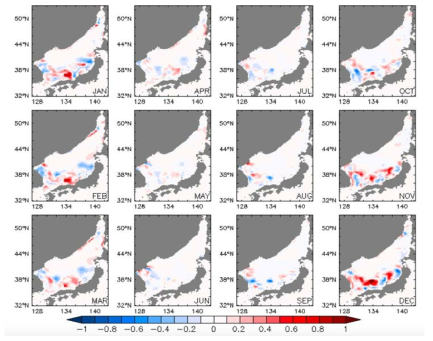 Change in the monthly mean surface temperature of 2050s compared to that of 2000s in the East Sea