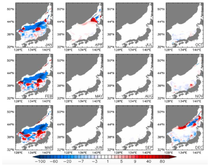 Change in the monthly mean mixed layer depth of 2050s compared to that of 2000s in the East Sea