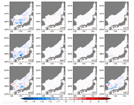 Change in the monthly mean surface silicate of 2050s compared to that of 2000s in the East Sea