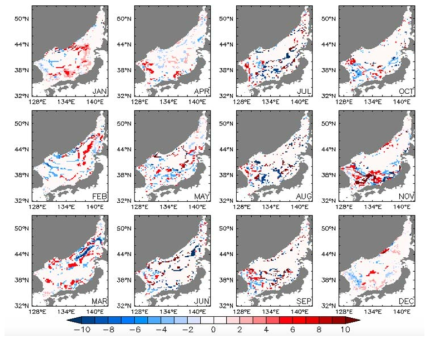 Change in the monthly mean depth of chlorophyll maximum of 2050s compared to that of 2000s in the East Sea