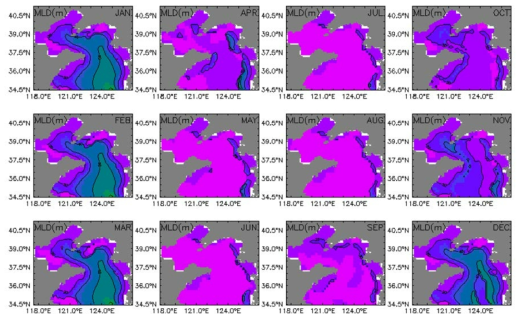 Monthly mean mixed layer depth of 2050s(2051∼2060년) in the Yellow Sea