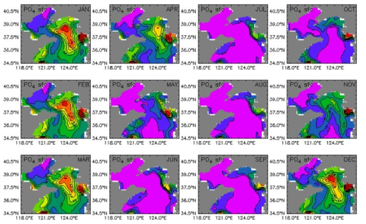 Monthly mean surface phosphate of 2050s(2051∼2060년) in the Yellow Sea