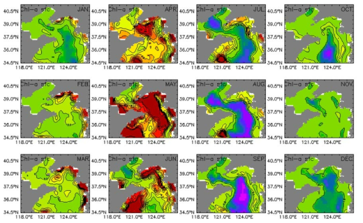 Monthly mean surface chlorophyll_a of 2050s (2051~2060년) in the Yellow Sea