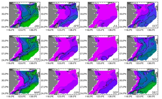 Monthly mean mixed layer depth of 2050s(2051∼2060년) in the East China Sea