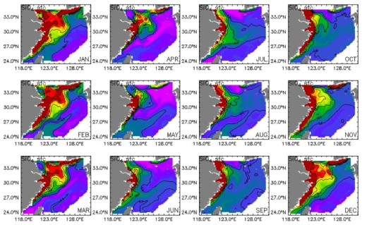 Monthly mean surface silicate of 2050s(2051∼2060년) in the East China Sea