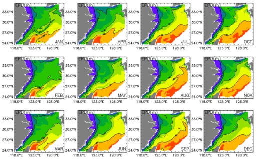 Monthly mean euphotic depth of 2050s(2051∼2060년) in the East China Sea