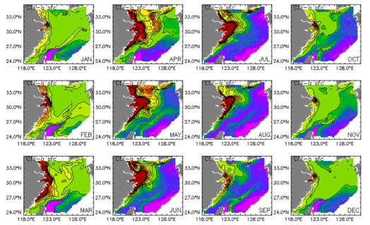Monthly mean surface chlorophyll_a of 2050s (2051~2060년) in the East China Sea
