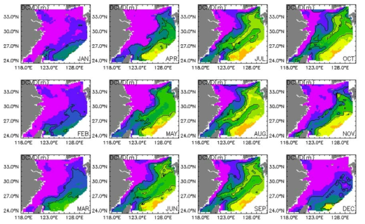 Monthly mean depth of chlorophyll_a maximum of 2050s (2051~2060년) in the East China Sea