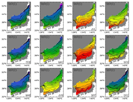 Monthly mean surface temperature of 2050s(2051∼2060년) in the East Sea