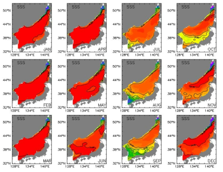 Monthly mean surface salinity of 2050s(2051∼2060년) in the East Sea