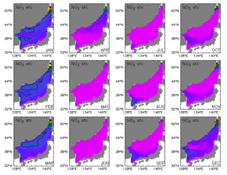 Monthly mean surface nitrate of 2050s(2051∼2060년) in the East Sea