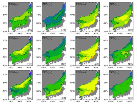 Monthly mean euphotic depth of 2050s(2051∼2060년) in the East Sea