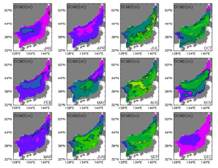 Monthly mean depth of chlorophyll_a maximum of 2050s (2051∼2060년) in the East Sea