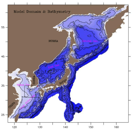 Model domain and bathymetry for the marine ecosystem simulation for the East Asia