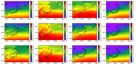 Monthly mean surface air temperature(℃) field from the ERA-interim climatology (1981∼2010)