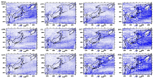 Monthly mean 10m wind vectors in the seas around Korea from the ERA-interim data (1981~2010)