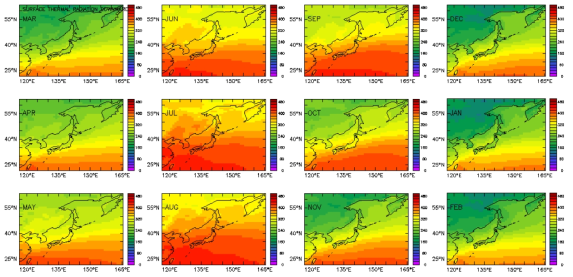 Monthly mean thermal radiation(W/㎡) in the seas around Korea from the ERA-interim data (1981~2010)