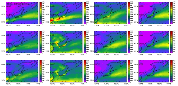 Monthly mean total precipitation(㎜/㎡) in the seas around Korea from the ERA-interim data (1981~2010)