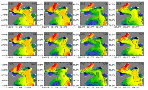 Climatological mean field of the past 30 years(1981～2010) in the Yellow Sea - monthly mean surface salinity(PSU)