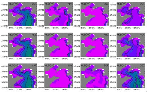 Climatological mean field of the past 30 years(1981～2010) in the Yellow Sea - monthly mean mixed layer depth(m)