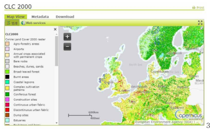 CLC 2000 자료 화면(Copernicus 프로그램 홈페이지 제공)