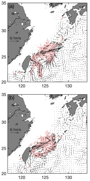 60일 high-pass 필터링한 쿠로시오 수송량이 큰 경우(a)와 작은 경우(b)의 100 m 해류 분포 (색칠한 부분은 신뢰도 95%이상인 부분을 나타냄)