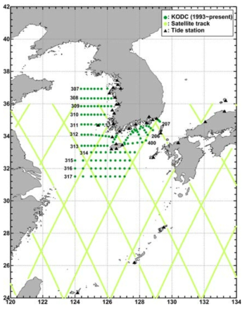 황동중국해 해역 해수특성 24년(’92-’15)간 관측 지점(녹색점), 위성 고도(연한 연녹색선) 및 조석 관측점(삼각형)