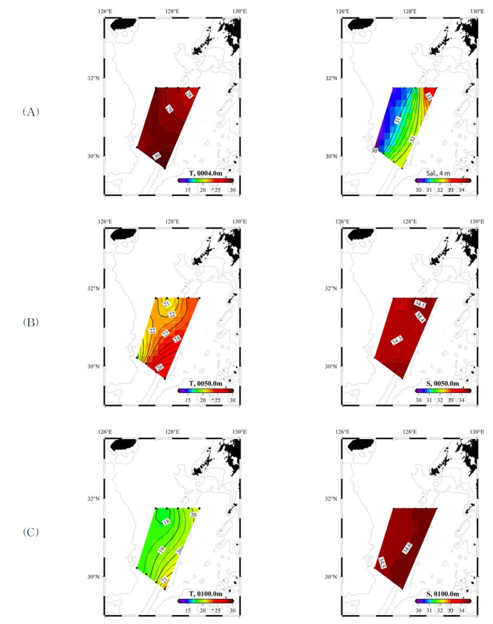 2016년 7월 수온(상), 염분(하)의 수평 분포도. 분포도 수심은 각각 표층(4 m)(A), 50 m(B), 100 m(C). 실선은 수온 0.5℃, 염분 0.2 간격이며, 점선은 등수심선(100, 200, 500, 1000 m)을 나타냄