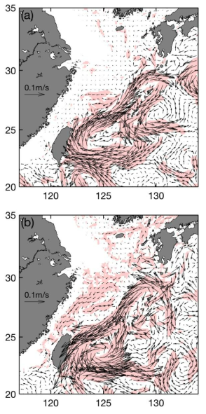 150일 low-pass 필터링한 쿠로시오 수송량이 큰 경우(a)와 작은 경우(b)의 50 m 해류 분포(색칠한 부분은 신뢰도 95%이상인 부분을 나타냄)