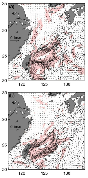 60~150일 band-pass 필터링한 쿠로시오 수송량이 큰 경우(a)와 작은 경우(b)의 표층 해류 분포(색칠한 부분은 신뢰도 95%이상인 부분을 나타냄)