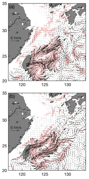 60~150일 band-pass 필터링한 쿠로시오 수송량이 큰 경우(a)와 작은 경우(b)의 50 m 해류 분포(색칠한 부분은 신뢰도 95%이상인 부분을 나타냄)