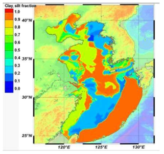 황동중국해 해저퇴적물 내 Silt와 Clay 비율 (Φ > 4) 분포