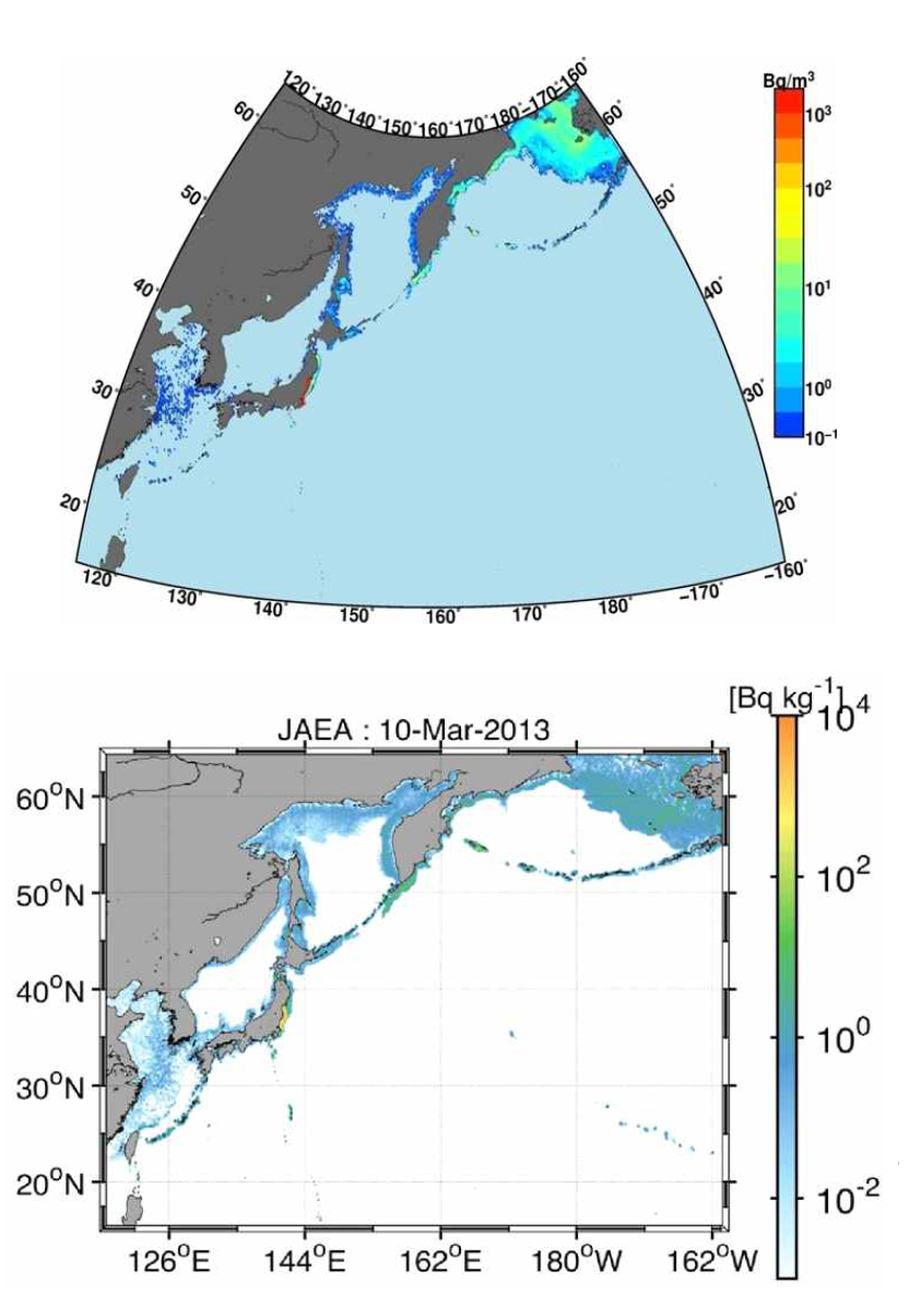후쿠시마 기인 137Cs의 2년 후 해저면 분포 산정 결과: 상) KIOST/IMMSP, 하) JAEA Kobayash