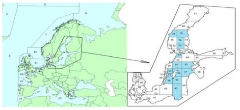 격자 구성: 좌) 광역 북서대서양 모델, 우) 세분화된 발틱해 모델. 하늘색 부분은 연직으로 2개 층이 고려된 해역