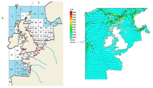 좌) 북동대서양 POSEIDON 모델 박스 구성, 우) 사용된 평균 표층 해류장. 갈색 원은 Sellafied 및 La Hague 재처리공장
