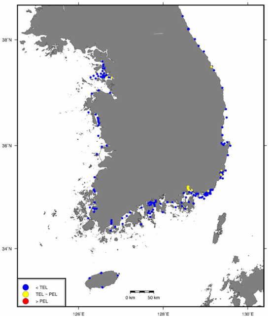 Distribution of Cd concentrations in surface sediments with comparison of sediment quality guidelines (TEL and PEL) in Korea