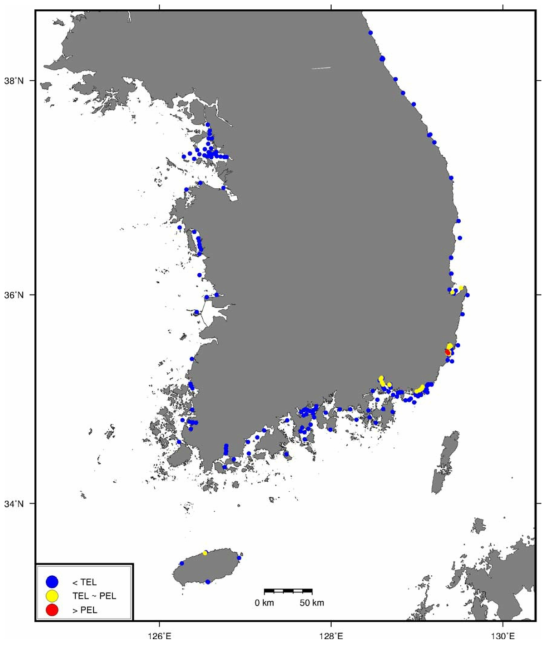Distribution of Hg concentrations in surface sediments with comparison of sediment quality guidelines (TEL and PEL) in Korea
