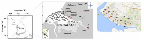 Map of sampling sites in marine, freshwater and road-deposited sediments from Shihwa special management sea area of Korea