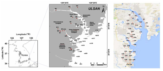 Map of sampling sites in marine, freshwater and road-deposited sediments from Ulsan special management sea area of Korea