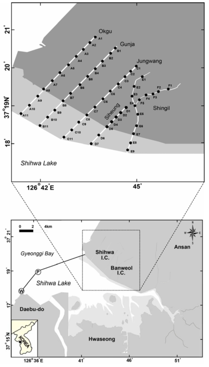 Map of sampling sites for stream sediments in industrial regions around Shihwa Lake