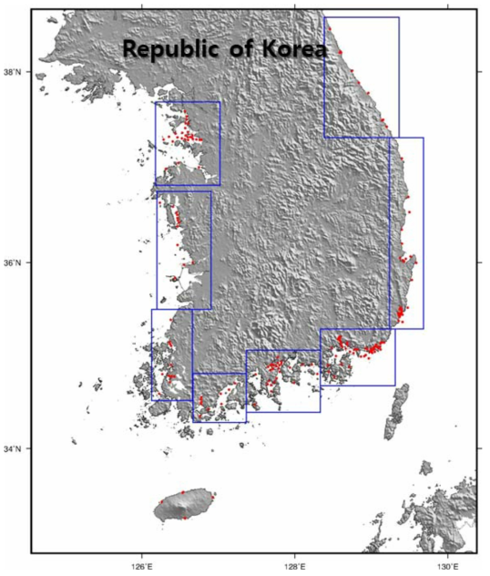 Map of sampling sites for marine surface sediments of the coast of Korea