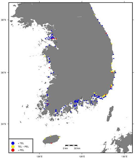 Distribution of Zn concentrations in surface sediments with comparison of sediment quality guidelines (TEL and PEL) in Korea