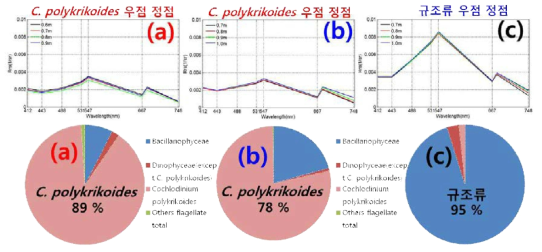 (a)와 (b) 정성·정량 분석 결과에서 C. polykrikoides가 우점 정점에서 관측된 반사도 스펙트럼과, (c) 정성·정량 분석 결과에서 규조류 우점 정점에서 관측된 반사도 스펙트럼 특징