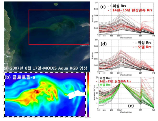 2007년 8월 17일 적조 발생에서 관측된 (a) MODIS Aqua RGB 영상, (b) 엽록소 a 농도, (c) 적조 추정되는 위성 반사도와 현장관측 반사도, (d) 위성 반사도와 모델 반사도, (e) 위성-현장-모델 반사도를 547 nm 로 normalize한 스펙트럼