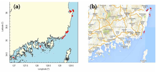 2002년 9월 8일의 Cocchlodinium 적조 분포. (a) 국립수산과학원 적조속보. (b) MODIS 영상에서 인공신경망 알고리듬으로 계산한 적조분포